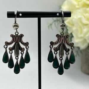 John H. Peckham, Sterling Mexico Green Stone Cabochon Chandelier Earrings Navajo